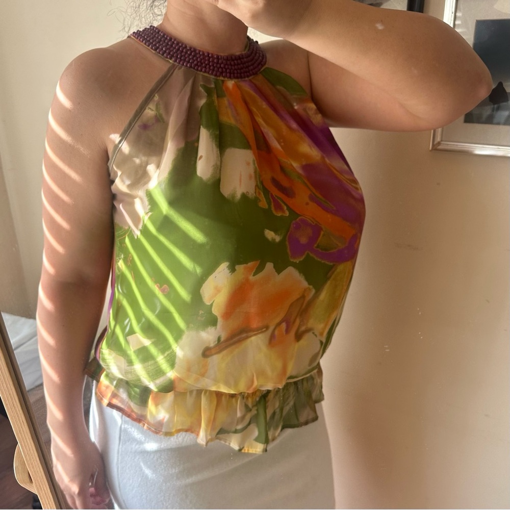 Vintage y2k 90's Beaded Cleopatra Halter Neck Sleeveless Multi Colored Top Elas